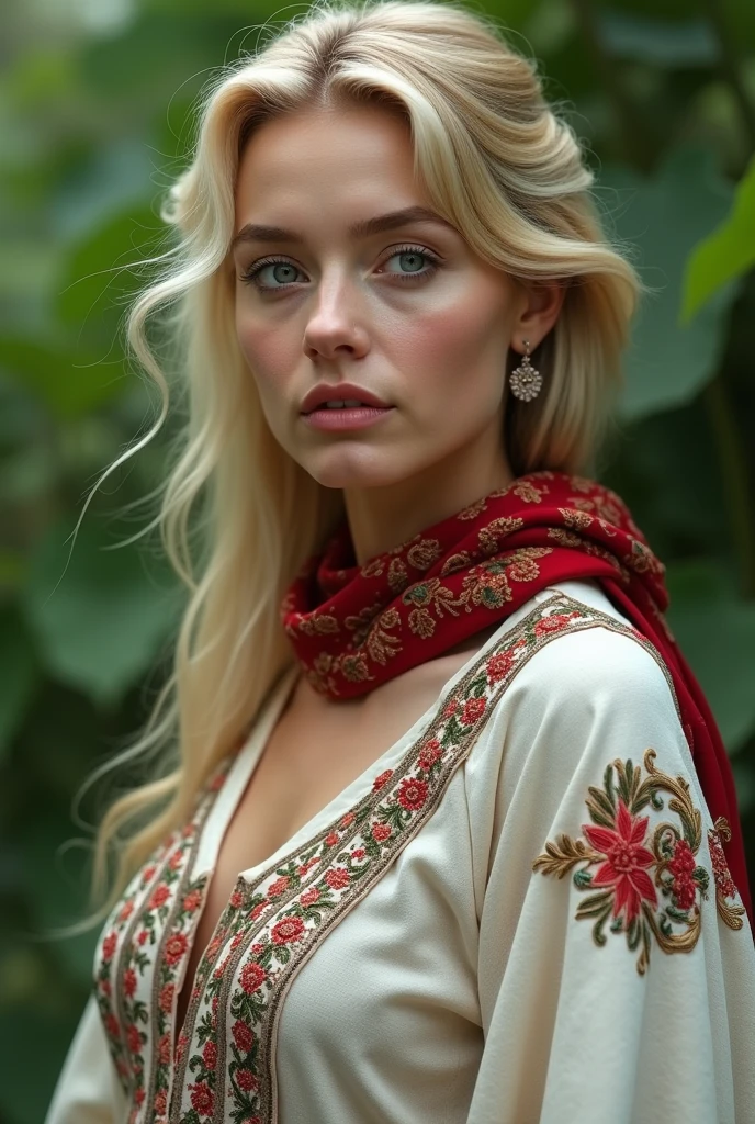 Scarf tied around neck embroidered with Algerian flag, close-up of blonde, plump woman, wearing embroidered white and red dress, perfect clarity of the entire image, sharpness of face and eyes, intricate details 64k 32k HDset green nature background 