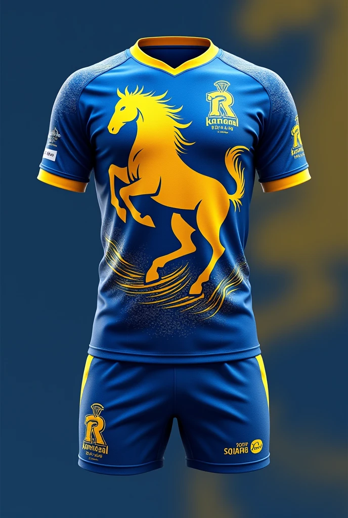 Blue and yellow rugby kit for school team with a horse as the main theme