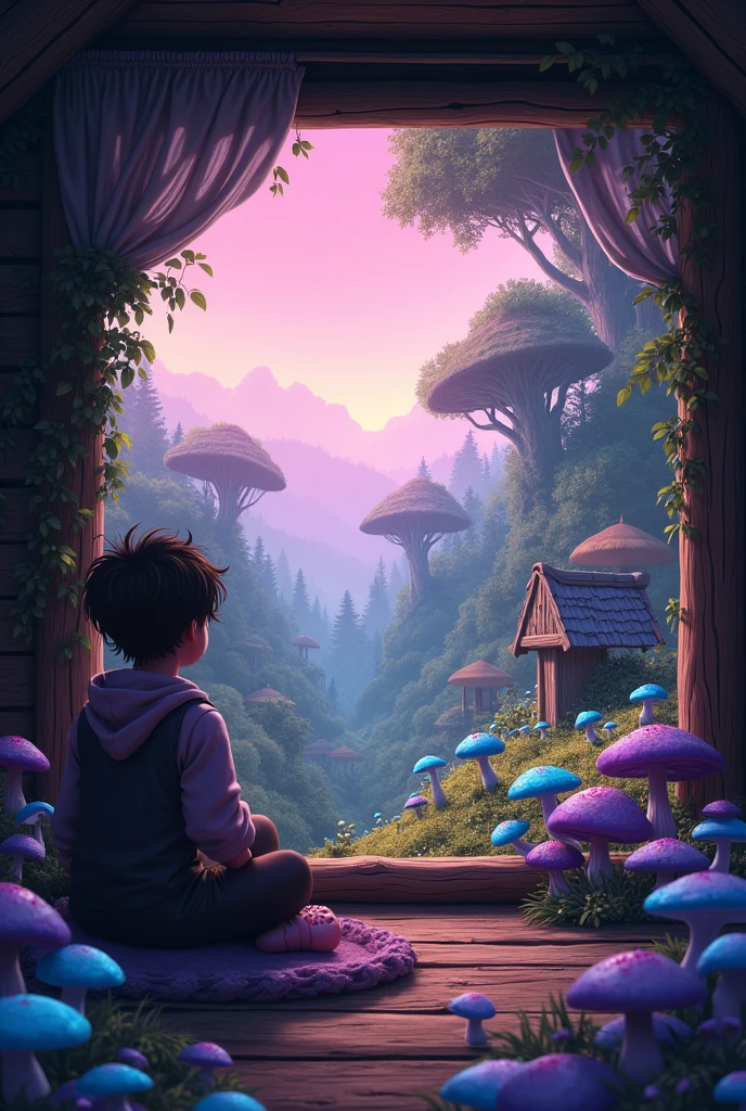 Create a view from inside a modest cabin in a fantasy world, with pink sky and with small purple mushrooms and bright cyan mushrooms