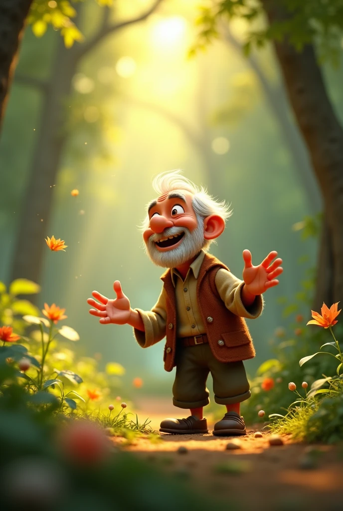 Generate a hight quality seen in cenematics 3d cartoon style The Reveal
Visuals: The old man laughs warmly and explains that the real treasure is the joy of friendship. The forest brightens up, showing a beautiful and peaceful environment.
Prompt: "The old man reveals that the true treasure is friendship and laughter. The forest lightens up, reflecting the warmth and happiness of the moment."
Scene