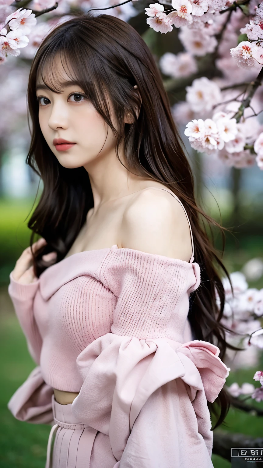 An Instagram post for a virtual idol named Sakura, featuring a consistent visual theme with AI gravure elements. The post includes a full-body view of a character with long black hair, dressed in a stylish off-shoulder top and skirt, showing a subtle amount of skin in an elegant manner. The character is posed in a slightly alluring yet classy way, emphasizing the gravure aspect while maintaining a tasteful look. The soft pink color palette dominates the scene, with sakura petals subtly scattered throughout the background. The text uses a rounded, handwritten-style font, with a small sakura flower icon in the corner. The overall tone is warm, inviting, and subtly seductive, balancing the gravure style with elegance.