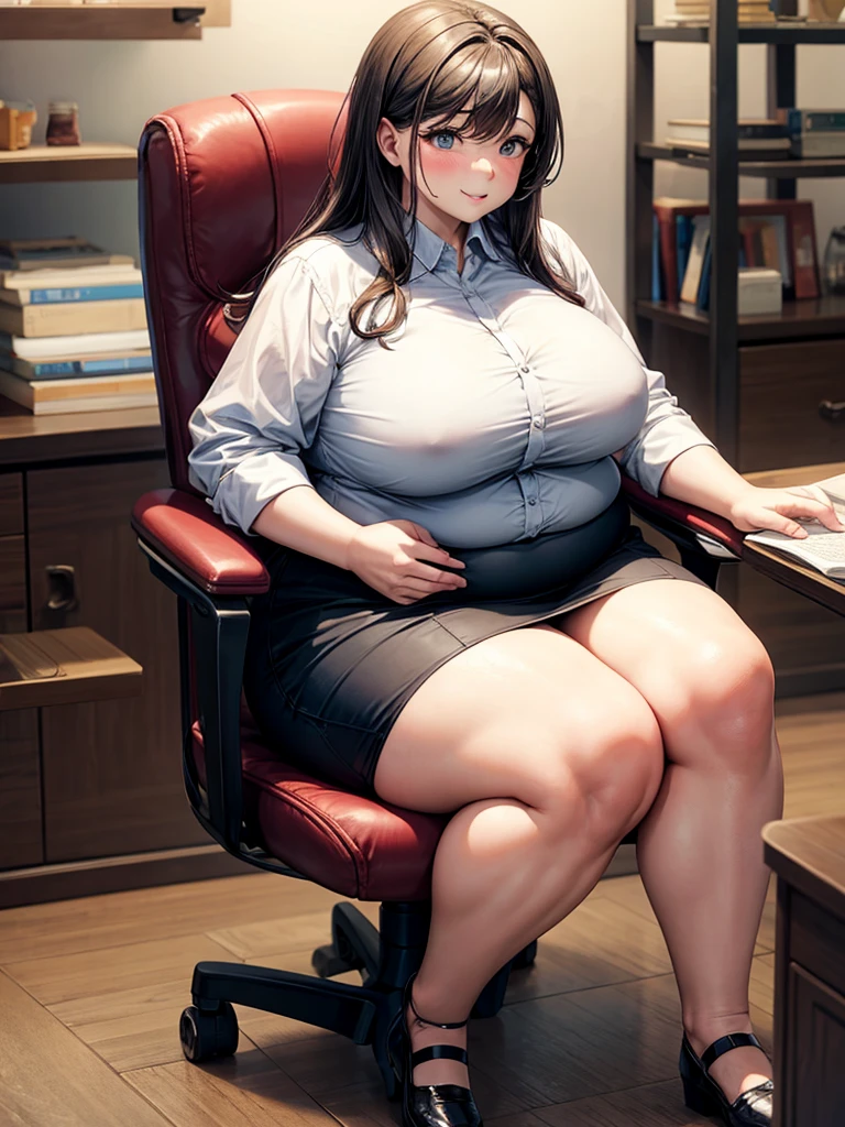 Fat woman , 2 , sitting on a chair ,with secretary&#39;s clothes ,( sad and discouraged), big breasts , Brown hair (scenery : an office of a company ).Alone, 