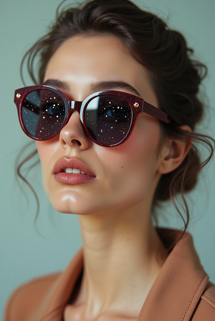The model is wearing glass sunglasses with stars and the moon on the glass