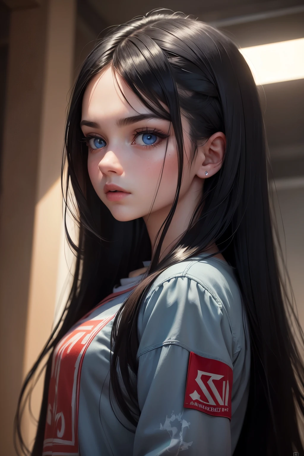 a European child girl with long black hair, arrogant expression, bright blue eyes, red chic modern streetwear clothes, beautiful detailed eyes, beautiful detailed lips, extremely detailed eyes and face, long eyelashes, portrait, photorealistic, photo-realistic:1.37, (best quality,4k,8k,highres,masterpiece:1.2),ultra-detailed,(realistic,HDR),studio lighting,ultra-fine painting,sharp focus,physically-based rendering,extreme detail description,vivid colors,bokeh, american plan