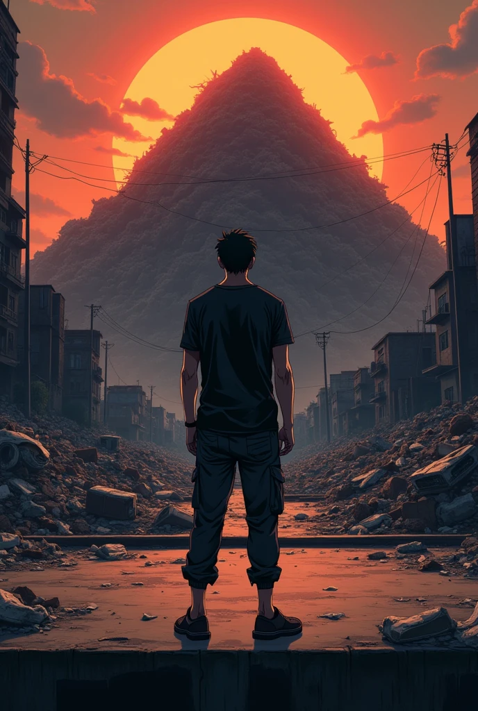 The image is anime style cowboy bebop and Darker than black with shadows and dim lights, anime style although somewhat adult and dark, It shows a single adult male aged 28., with black hair and black eyes, He is wearing a black t-shirt and black cargo pants.. He is standing in front of a destroyed theater, right on stage, sin techar, as the orange light of dusk filters through. Behind him, a mountain of waste is seen, in which there are broken appliances, torn mattresses and other artifacts destroyed.