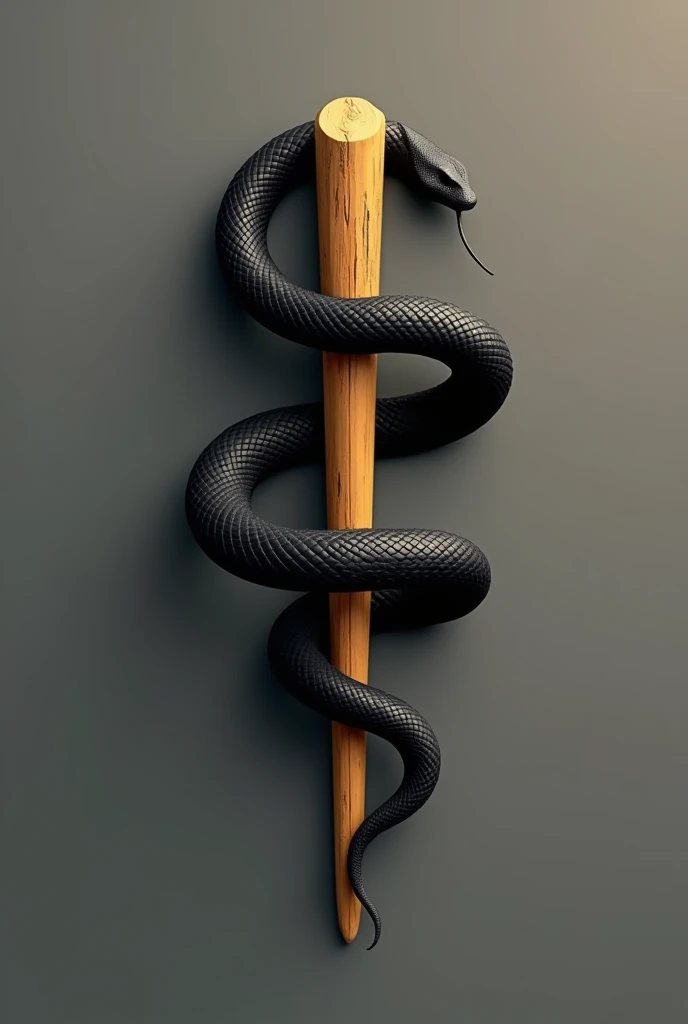 Create a 3d image for a logo, containing a small black snake coiled around a yellow-ochre wooden stick