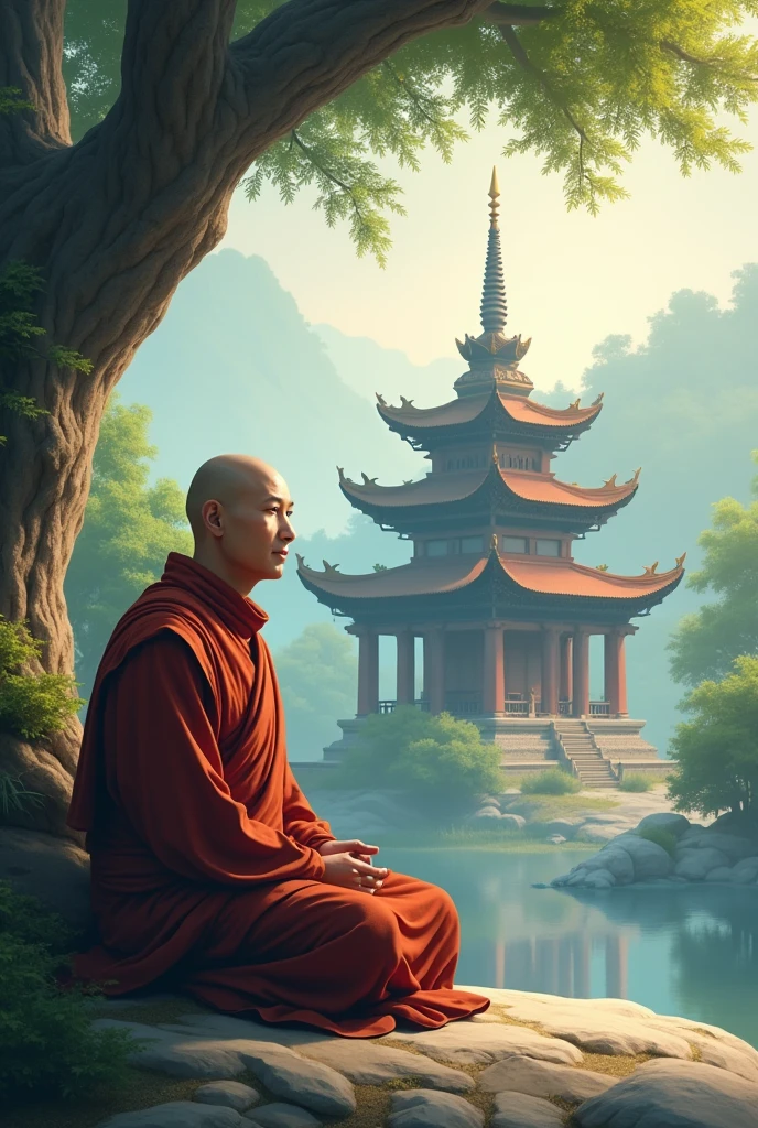 A monk setting beside a temple.