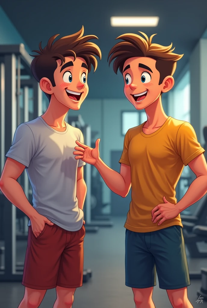 Two teenage boys upping dimples at gym 