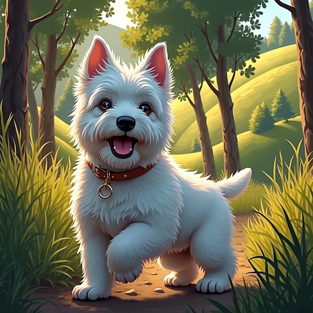 West Highland White Terrier、Running happily on the grassland、Still a puppy、Active and intelligent、An illustration