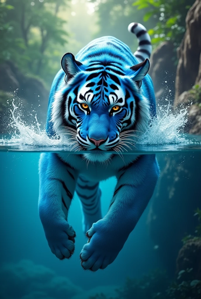 A blue tiger swimming and diving,Cute realistic style,