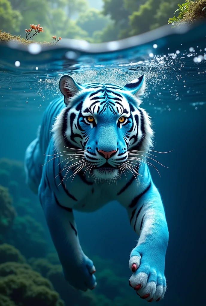 A blue tiger swimming and diving,Cute realistic style,