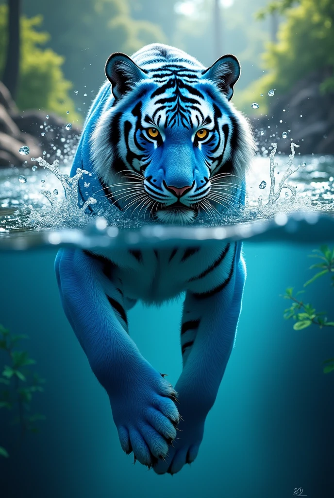 A blue tiger swimming and diving,Cute realistic style,