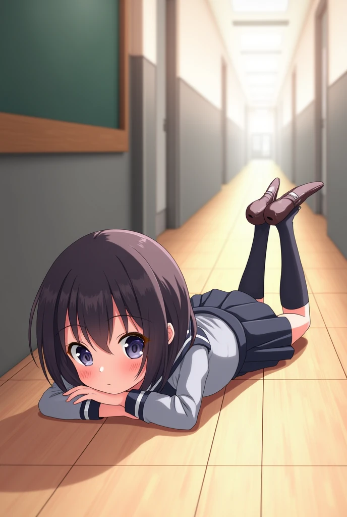 Anime girl in school uniform lying on her stomach on the floor