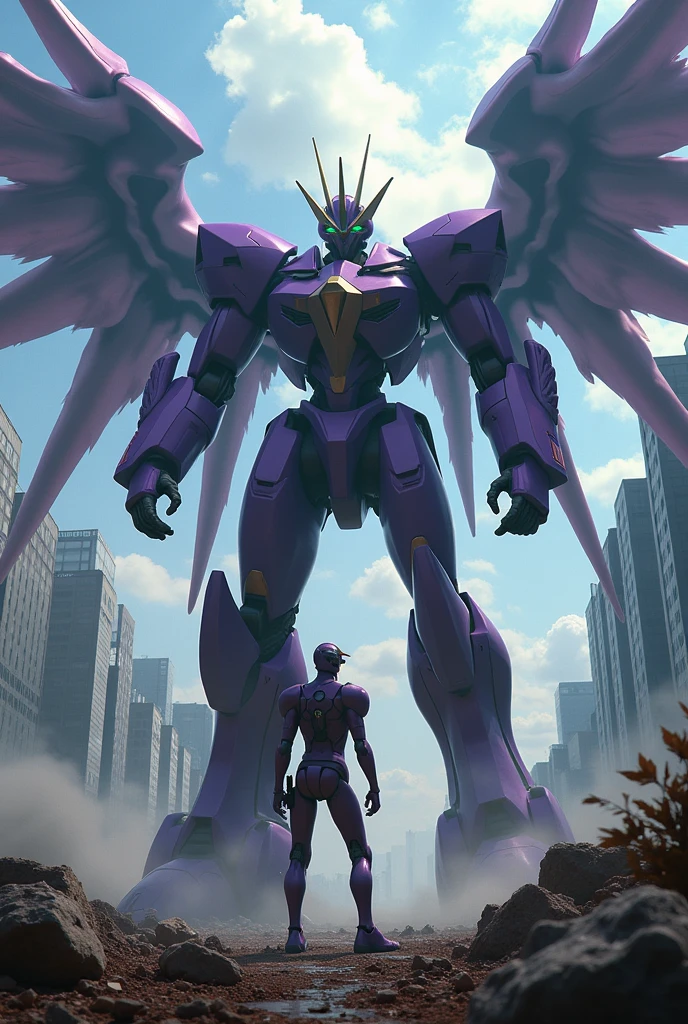 A scene from the live-action version of Evangelion Unit 01 fighting an angel