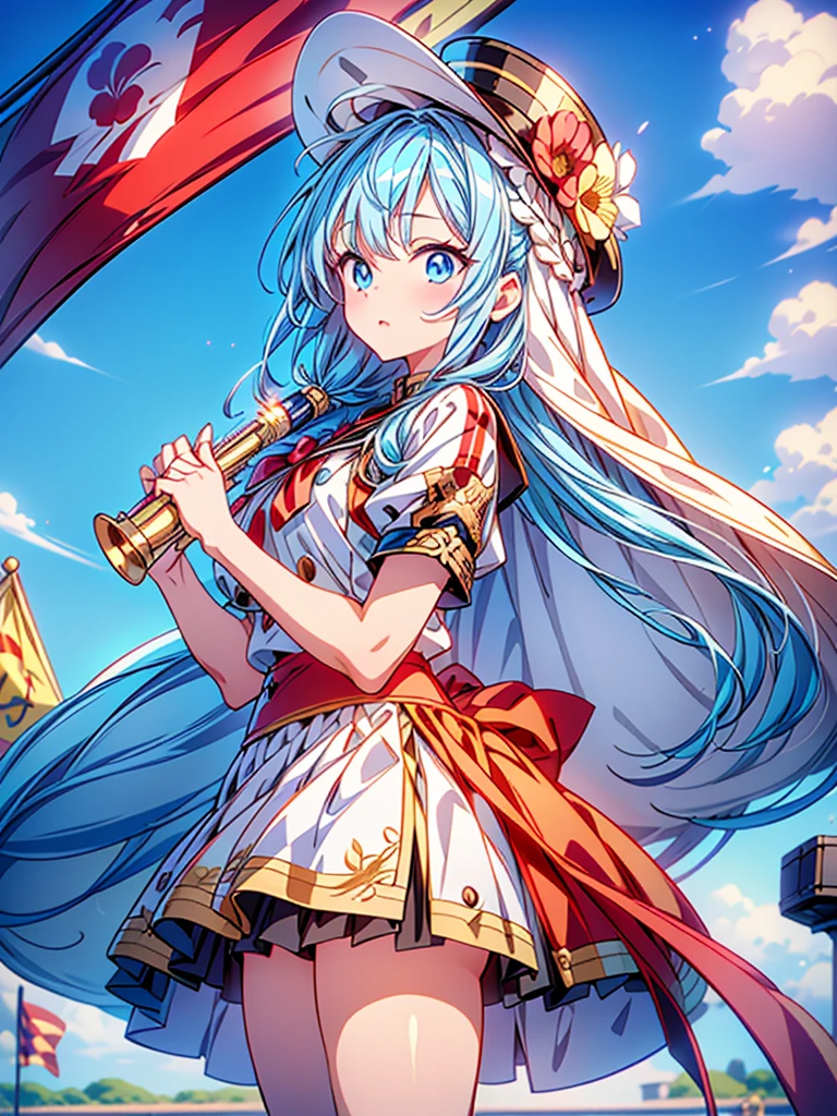 1girl、Dynamic composition、marching band、(((Masterpiece、Highest quality、Official Art、Super detailed、Handsome face、Dynamic composition)))、Anime Style、(Milky white and blue hair:1.3),(Blue eyes:1.4),(Bright colors:1.4),((Asanoha background:1.3)),, marching bandのユニフォームを着たクールな女の子, marching band hat、mini skirt, Frills, Black and white with gold embroidered flag held in both hands,(background:Large red flag on the back with gold floral embroidery, Note, )、euphonium、Huge Flag、Huge Flag