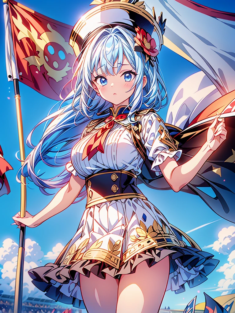 1girl、Dynamic composition、marching band、(((Masterpiece、Highest quality、Official Art、Super detailed、Handsome face、Dynamic composition)))、Anime Style、(Milky white and blue hair:1.3),(Blue eyes:1.4),(Bright colors:1.4),((Asanoha background:1.3)),, marching bandのユニフォームを着たクールな女の子, marching band hat、mini skirt, Frills, Black and white with gold embroidered flag held in both hands,（background:Large red flag on the back with gold floral embroidery, Note, )、euphonium、Huge Flag、Huge Flag