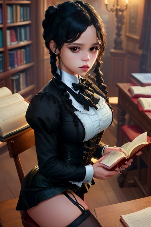 Ultra realistic, exceptionally beautiful Jenna Ortega, black hair braided twintails, perfcet Stern face, perfect lips, medium breasts,  Victorian maid uniform, micro skirt, garter belt, knee stockings, dark gothic library, detailed face any eyes:1.3.