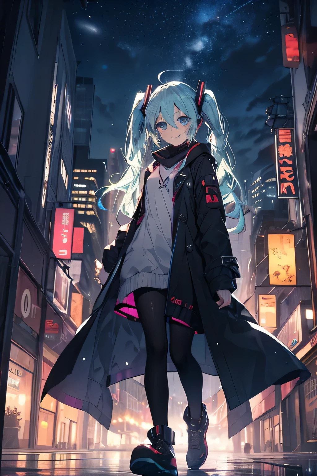 Hatsune Miku，Long coat，Small breasts，Bright smile，Petan Musume，目のhighlight，Your eyes are so beautiful，highlight，とても美しいhighlight，City at night with rain，Walking in the city，A row of skyscrapers，Beautiful starry sky，((Tattoo))