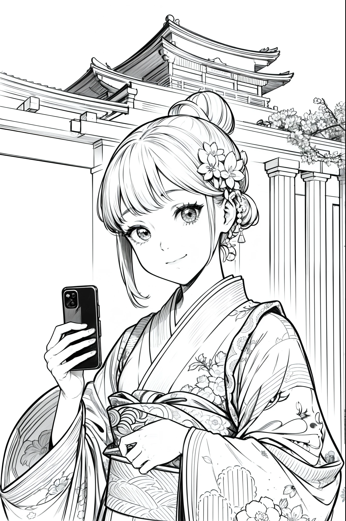 Masterpiece, top class, unique, cute, flower, line drawing background, white background, monochrome, line drawing, ((sketch)), creepy, white eyes, create a monochrome coloring book that even adults can easily do, a realistic and cute ukiyo-e of a girl wearing a kimono and smiling in front of a temple dedicated to the Tallest Buddha, taking a selfie with a smartphone in one hand, conveying Japanese culture.