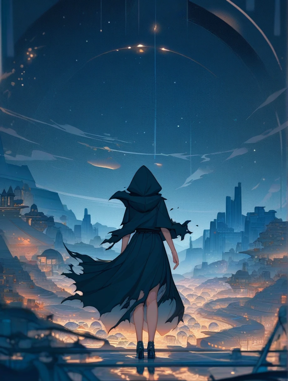 score_9, score_8_wonderful, score_7_wonderful, score_anime, masterpiece, Highest quality, Delicate illustrations, Sharp lines, Sharp focus, break, a traveling girl wandering in the endless night world, The girl is wearing a hood、There are a lot of things in the backpack。, night , wonderful風景, Beautiful views, Harmony with Nature, wonderful景色, Space City, (((Torn clothes))), (((Torn hood))),Long skirt,(((Torn Skirt)))