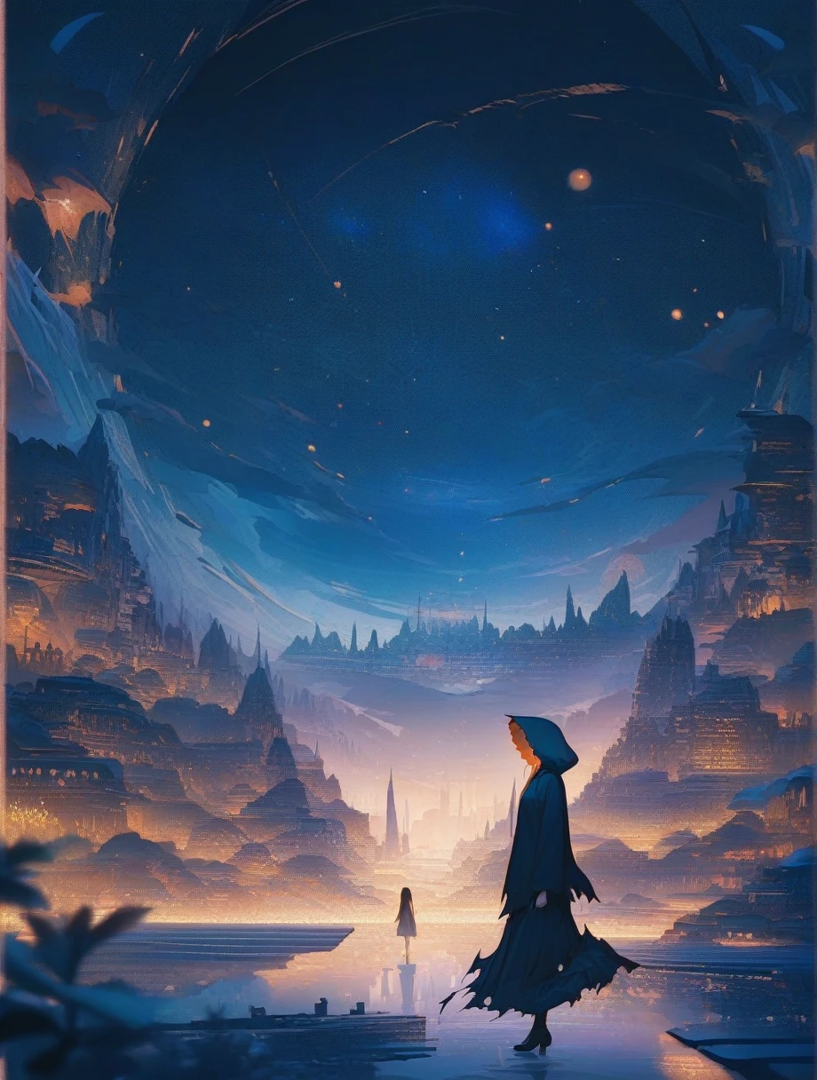 score_9, score_8_wonderful, score_7_wonderful, score_anime, masterpiece, Highest quality, Delicate illustrations, Sharp lines, Sharp focus, break, a traveling girl wandering in the endless night world, The girl is wearing a hood、There are a lot of things in the backpack。, night , wonderful風景, Beautiful views, Harmony with Nature, wonderful景色, Space City, (((Torn clothes))), (((Torn hood))),Long skirt,(((Torn Skirt)))