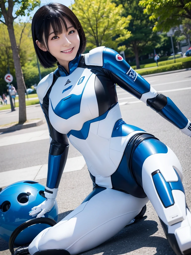 Japanese female android,Black Hair,White and blue robot suit,Plump,Doing stretching exercises in the park,smile