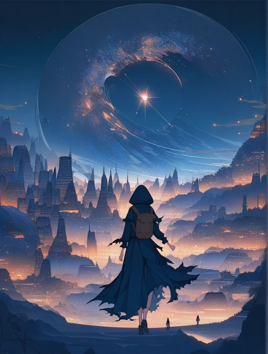 score_9, score_8_wonderful, score_7_wonderful, score_anime, masterpiece, Highest quality, Delicate illustrations, Sharp lines, Sharp focus, break, a traveling girl wandering in the endless night world, The girl is wearing a hood、There are a lot of things in the backpack。, night , wonderful風景, Beautiful views, Harmony with Nature, wonderful景色, Space City, (((Torn clothes))), (((Torn hood))),Long skirt,(((Torn Skirt)))