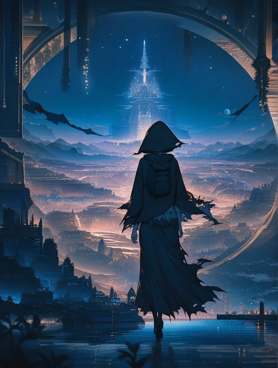 score_9, score_8_wonderful, score_7_wonderful, score_anime, masterpiece, Highest quality, Delicate illustrations, Sharp lines, Sharp focus, break, a traveling girl wandering in the endless night world, The girl is wearing a hood、There are a lot of things in the backpack。, night , wonderful風景, Beautiful views, Harmony with Nature, wonderful景色, Space City, (((Torn clothes))), (((Torn hood))),Long skirt,(((Torn Skirt)))