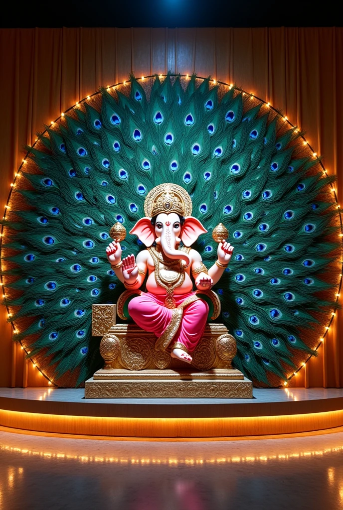 Ganpati decoration have peacock feathers arrange in semicircle shape with lights on border 