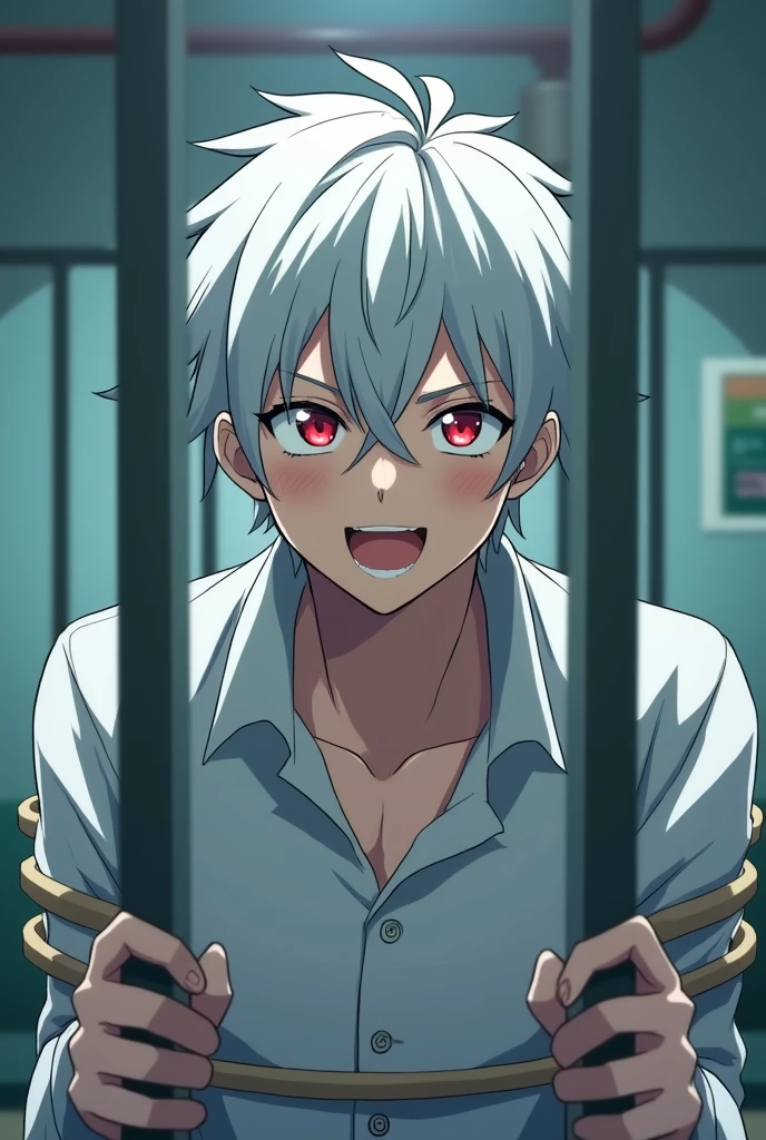 Man with white hair and red eyes, happy, with a smile, with a long-sleeved straitjacket, inside a room in a psychiatric hospital, bending the steel bars of his room. cheered up. anime.