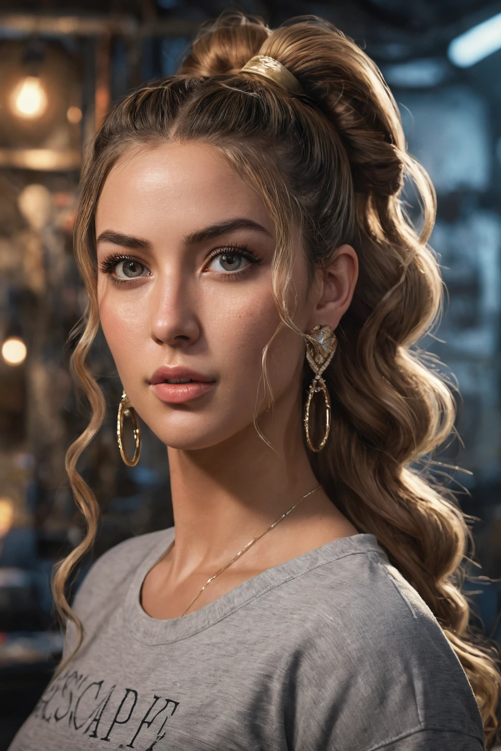 britney with long hair and ponytail, Bela , tima t-shirt, high waist pants, large earring, Two buns in the hair, hair with curling iron better quality, realisitic, realisitic, award-winning illustration, (Highly detailed texture of face and skin), (all-body), (Complicated Detail: 1.2), (fine-details), (Complicated Detail), (Cinematic Lights, better quality backlight), Sharp lines, sharp focus, offcial art, unity wallpaper 8k, absurdrez, unbelievably absurd, huge filesize, ultra-, Fantasyart, RTX,((close-up photos from the award-winning studio)), , (escape), , perfect hands, beautiful detailed eyes, face perfect