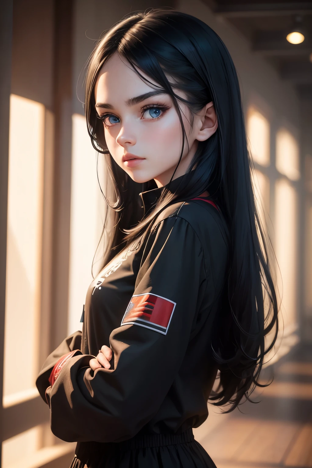 a European child girl with long black hair, arrogant expression, bright blue eyes, red chic modern streetwear clothes, beautiful detailed eyes, beautiful detailed lips, extremely detailed eyes and face, long eyelashes, portrait, photorealistic, photo-realistic:1.37, (best quality,4k,8k,highres,masterpiece:1.2),ultra-detailed,(realistic,HDR),studio lighting,ultra-fine painting,sharp focus,physically-based rendering,extreme detail description,vivid colors,bokeh, american plan