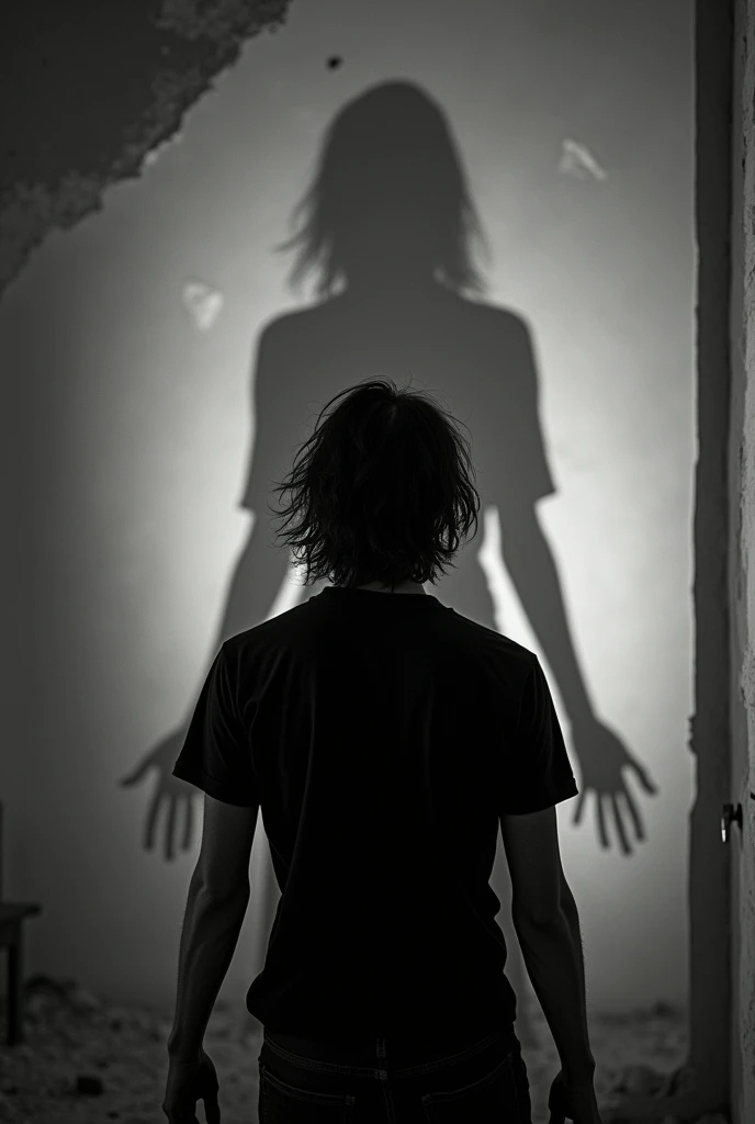 A b&w long shot of a man from behind facing a blank wall. He is wearing a black shirt and is 23 years of age. The man has long messy unkempt hair and is tilting his head facing the wall, mimicking a hanged dead body. He is in a dark,
dilapidated destroyed room with no light. It is a horror setting. The shadow of a girl in the same tilting pose appears much bigger on the wall. Both shadows are seen on the wall illuminated by lightning off-screen. The man's back is seen while he is facing the wall and the woman's shadow is only seen on the same wall in the same pose
