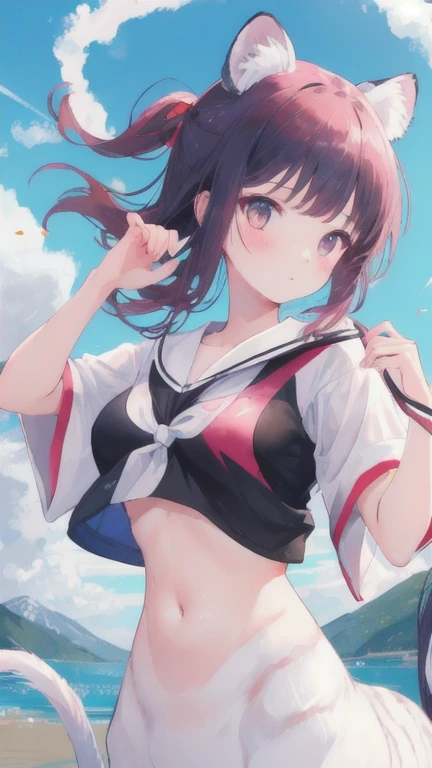 (best quality, masterpiece), 1 girl, centaur, I beg, White skin, Japanese schoolgirl,daughter,black pink, exposing the abdomen, belly button t-shirt , Beautiful girl perfect white tiger photo, Perfect Athlete Photo