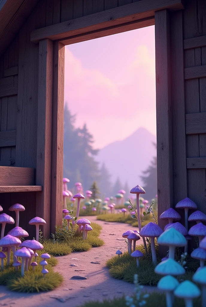 Create a view from inside a modest, uninhabited cabin in a fantasy world, with pink sky and with small purple mushrooms and bright cyan mushrooms