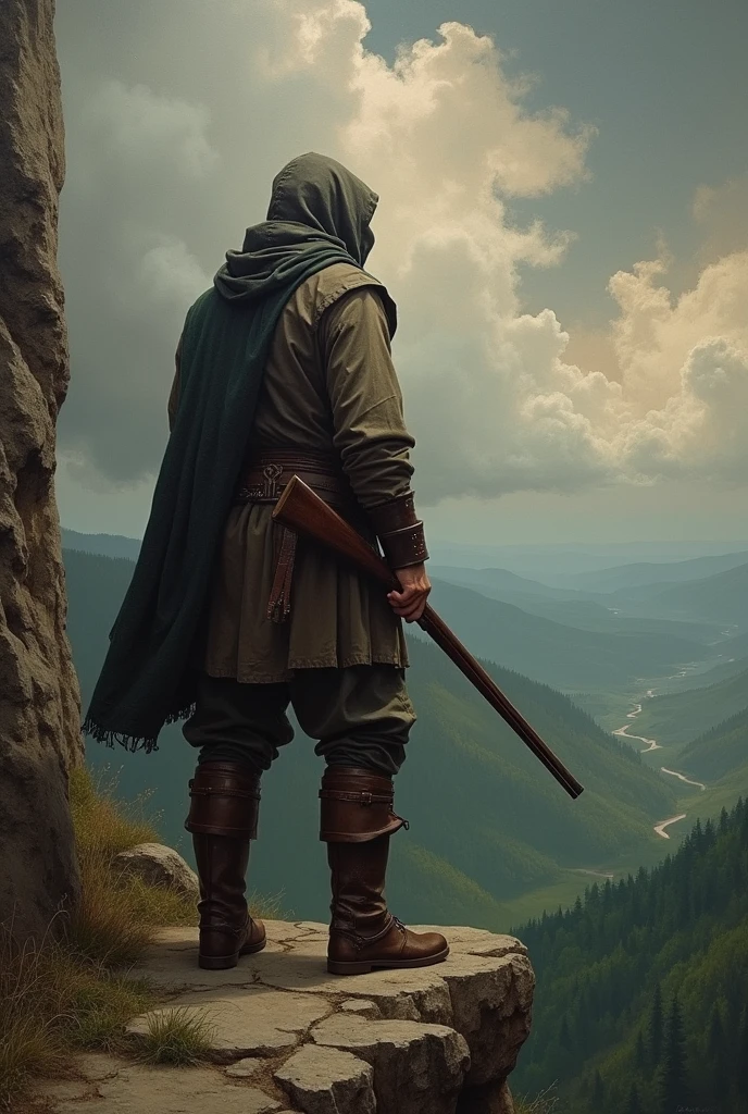 Oil painting in medieval style，Back view of a man in medieval clothing standing on a steep cliff holding a musket
