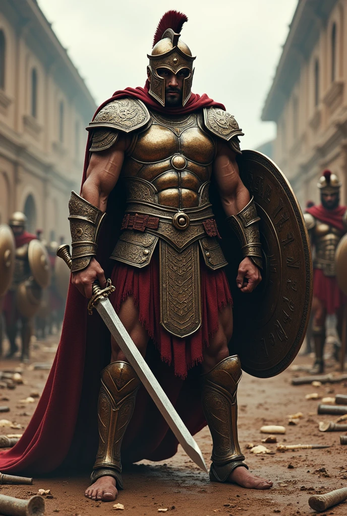 Spartan warrior with heavy armor and steel swords and shields.