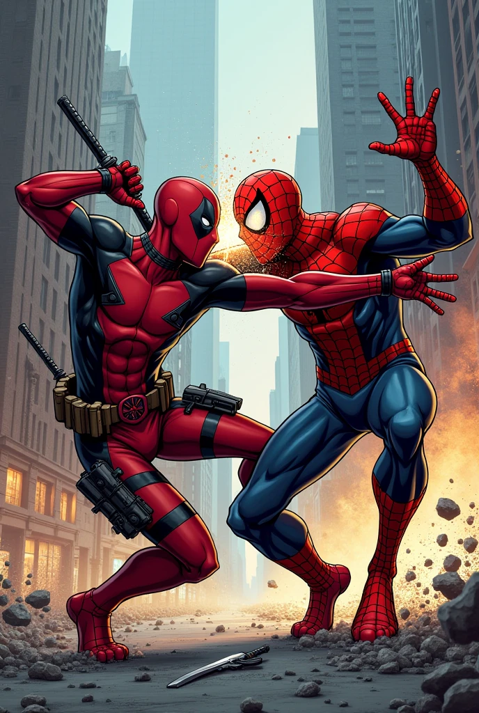 Deadpool fighting with spider man spiderman give the punch in face deadpool unconsieous