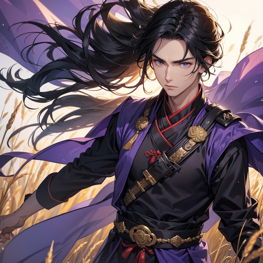 Handsome black-haired male general holding a large sword in black-violet ancient Chinese general costume, standing in the middle of a wheat field, close up.