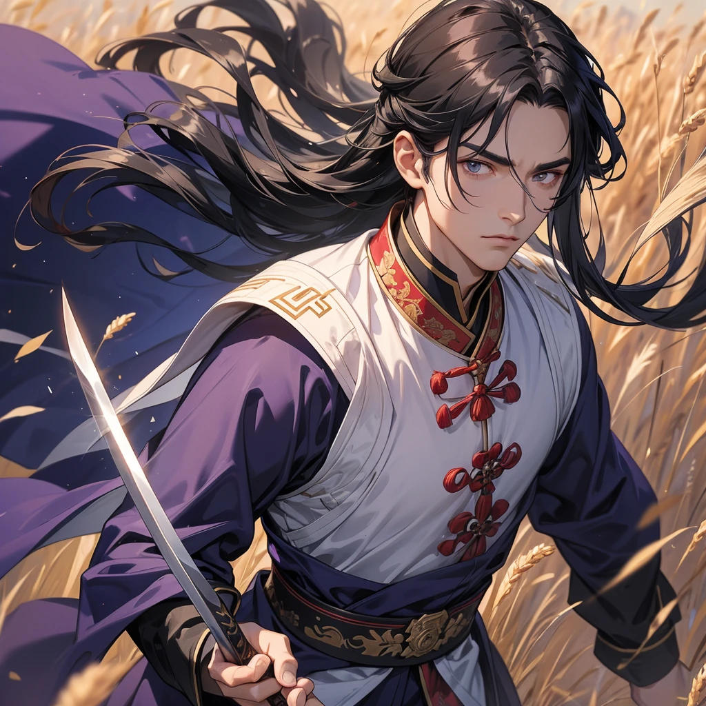 Handsome black-haired male general holding a large sword in black-violet ancient Chinese general costume, standing in the middle of a wheat field, close up.