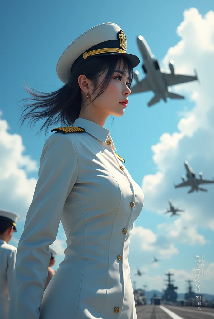 Photo-realistic, ultra-realistic, (very beautiful Japanese, her beautiful face is looks like a famous Japanese idol:1.3), (naval commander), wearing a white naval uniform, dynamic angle, at a flight deck of a large aircraft carrier, a fighter jet is just taking off, ready to battle, monitoring enemy ships, (tense expression:1.5)