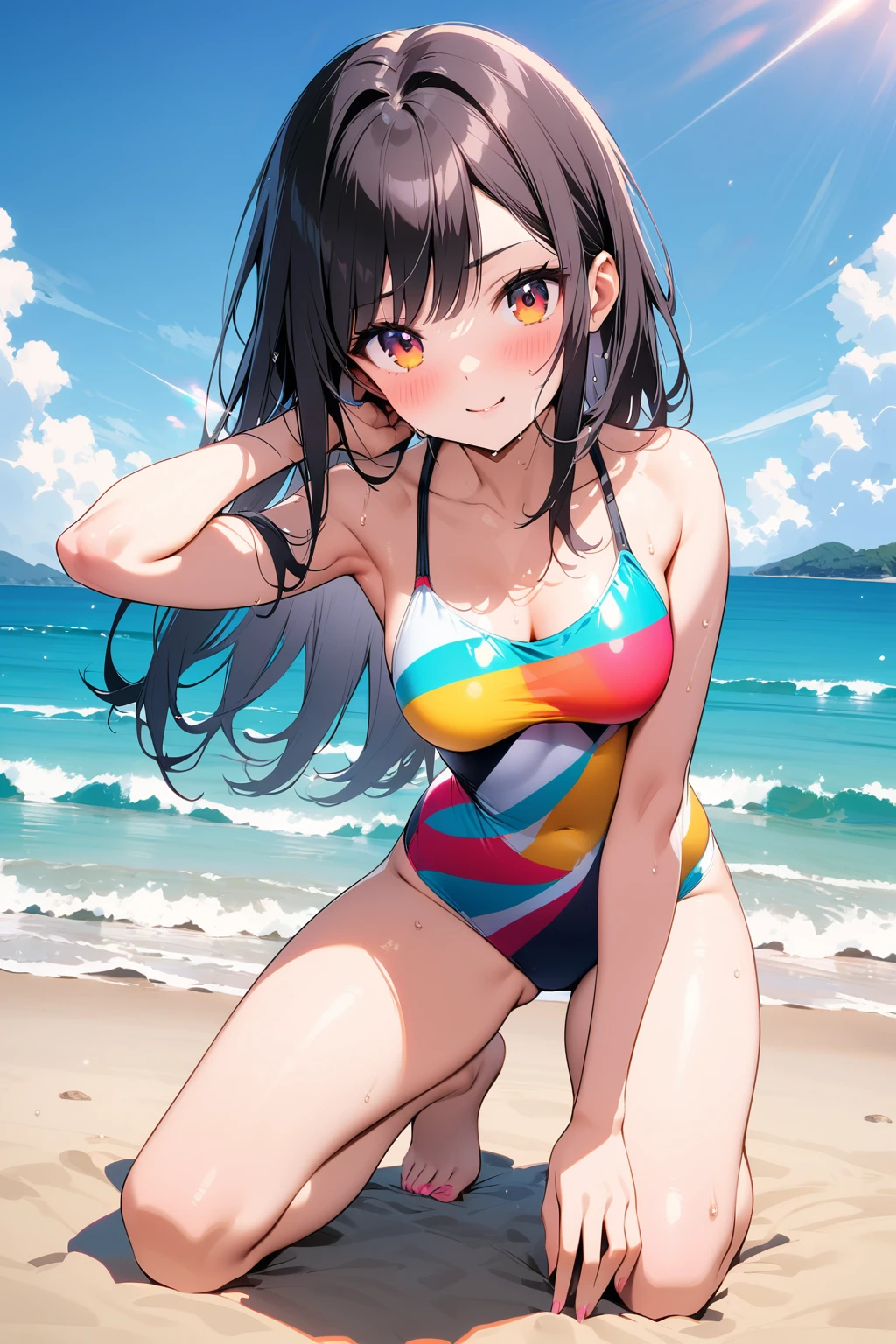 Colorful swimsuits,A pair of sunglasses,cute,Normal behavior,Kneeling on the beach,a beautiful woman, black hair, (solo:1.2),(highest quality,extremely clear,masterpiece:1.2),full-body shot