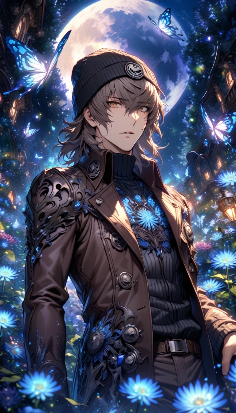 absurdres, highres, ultra detailed, HDR, masterpiece, extremely detailed, detailed eyes, detailed face, Aragaki Shinjirou, taupe brown medium hair, expressive brown eyes, Persona 3, solo, sexy man, sensual, handsome, adult face, mature man, black beanie, maroon peacoat, black turtleneck shirt, fantasy, garden, blue shining moon, blue glittering butterflies, magical, fantasy, blue chrysanthemum, blue fireflies, water