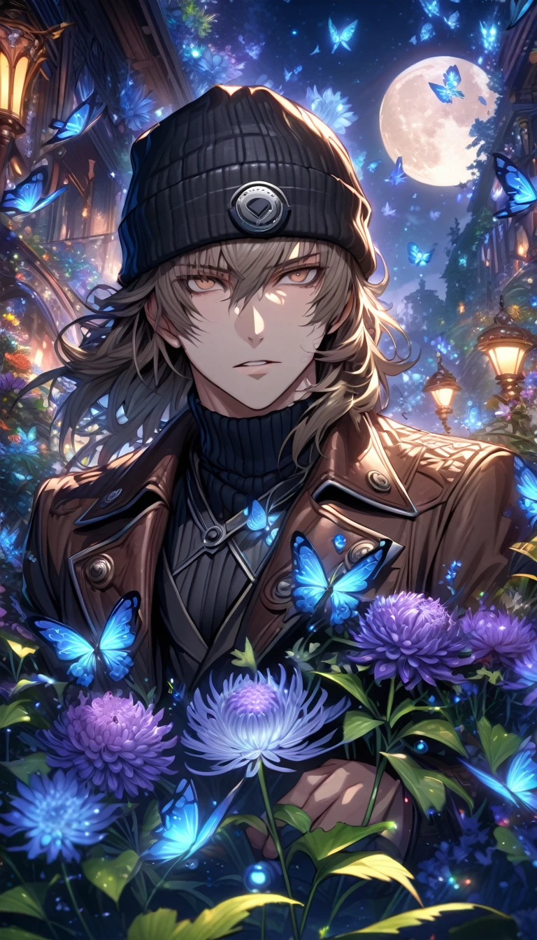 absurdres, highres, ultra detailed, HDR, masterpiece, extremely detailed, detailed eyes, detailed face, Aragaki Shinjirou, taupe brown medium hair, expressive brown eyes, Persona 3, solo, sexy man, sensual, handsome, adult face, mature man, black beanie, maroon peacoat, black turtleneck shirt, fantasy, garden, blue shining moon, blue glittering butterflies, magical, fantasy, blue chrysanthemum, blue fireflies, water