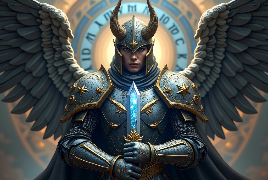 Un chevalier imposant, vêtu d'une armure astrologique inspirée de la Balance, se tient au centre d'une composition épique. L'armure est finement ciselée avec des motifs complexes de balance et de justice, avec des lignes symétriques qui symbolisent l'équilibre parfait. Les épaulières sont larges, ornées de sculptures détaillées représentant des balances de justice en or, avec des gemmes lumineuses incrustées qui brillent d'une lueur bleue et argentée. Le casque est majestueux, avec deux cornes incurvées vers l'arrière, donnant une allure à la fois noble et menaçante. Des motifs célestes, comme des étoiles et des constellations gravées, parcourent tout le long de l'armure, s'illuminant légèrement comme si elles étaient animées par une énergie cosmique.L'arrière-plan est dominé par un cercle astrologique géant représentant les signes du zodiaque, avec une horloge céleste indiquant l'équilibre du temps et des étoiles. Le chevalier tient une épée imposante, dont la garde est décorée de symboles astraux, et sa lame scintille d'une lumière éthérée. Derrière lui, des ailes métalliques se déploient doucement, comme si elles étaient prêtes à le porter dans les cieux. Le regard du chevalier est intense, les yeux brillant d'une lumière bleue qui symbolise la sagesse et la justice, tandis qu'une aura de pouvoir mystique entoure son être.