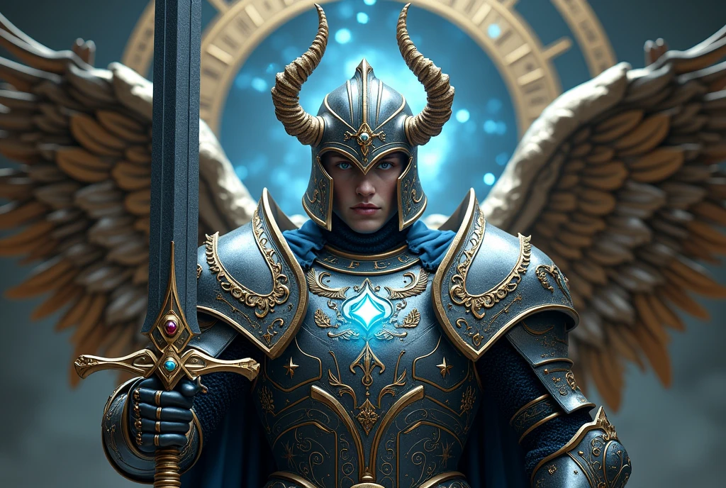 Un chevalier imposant, vêtu d'une armure astrologique inspirée de la Balance, se tient au centre d'une composition épique. L'armure est finement ciselée avec des motifs complexes de balance et de justice, avec des lignes symétriques qui symbolisent l'équilibre parfait. Les épaulières sont larges, ornées de sculptures détaillées représentant des balances de justice en or, avec des gemmes lumineuses incrustées qui brillent d'une lueur bleue et argentée. Le casque est majestueux, avec deux cornes incurvées vers l'arrière, donnant une allure à la fois noble et menaçante. Des motifs célestes, comme des étoiles et des constellations gravées, parcourent tout le long de l'armure, s'illuminant légèrement comme si elles étaient animées par une énergie cosmique.L'arrière-plan est dominé par un cercle astrologique géant représentant les signes du zodiaque, avec une horloge céleste indiquant l'équilibre du temps et des étoiles. Le chevalier tient une épée imposante, dont la garde est décorée de symboles astraux, et sa lame scintille d'une lumière éthérée. Derrière lui, des ailes métalliques se déploient doucement, comme si elles étaient prêtes à le porter dans les cieux. Le regard du chevalier est intense, les yeux brillant d'une lumière bleue qui symbolise la sagesse et la justice, tandis qu'une aura de pouvoir mystique entoure son être.
