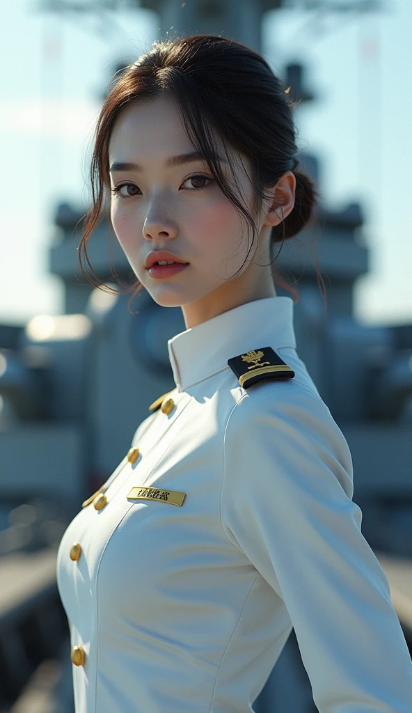 Photo-realistic, ultra-realistic, (very beautiful Japanese, her beautiful face is looks like a famous Japanese idol:1.3), (naval commander), wearing a white naval uniform, dynamic angle, at bridge of a large battleship, ready to battle, monitoring enemy ships, (tense expression:1.5)