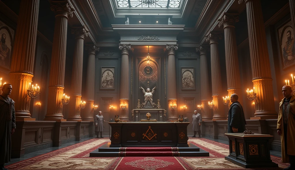 A detailed scene featuring Masonic symbols and architecture: a grand, ornate temple with tall columns and intricate carvings. The central focus is a Masonic altar with the Square and Compass prominently displayed. The interior is dimly lit by candles, casting shadows on Masonic aprons, rings, and other regalia. The walls are adorned with historical paintings and symbols such as the All-Seeing Eye, the Letter "G", and the levels and plumb. The atmosphere is mysterious and solemn, with a sense of ancient tradition."