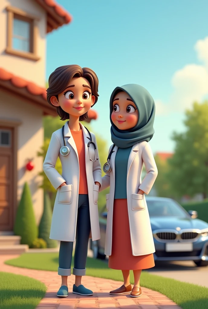Maryam as a doctor standing in front of a beautiful house and car with her simple mother who is not a doctor Generate in animated form