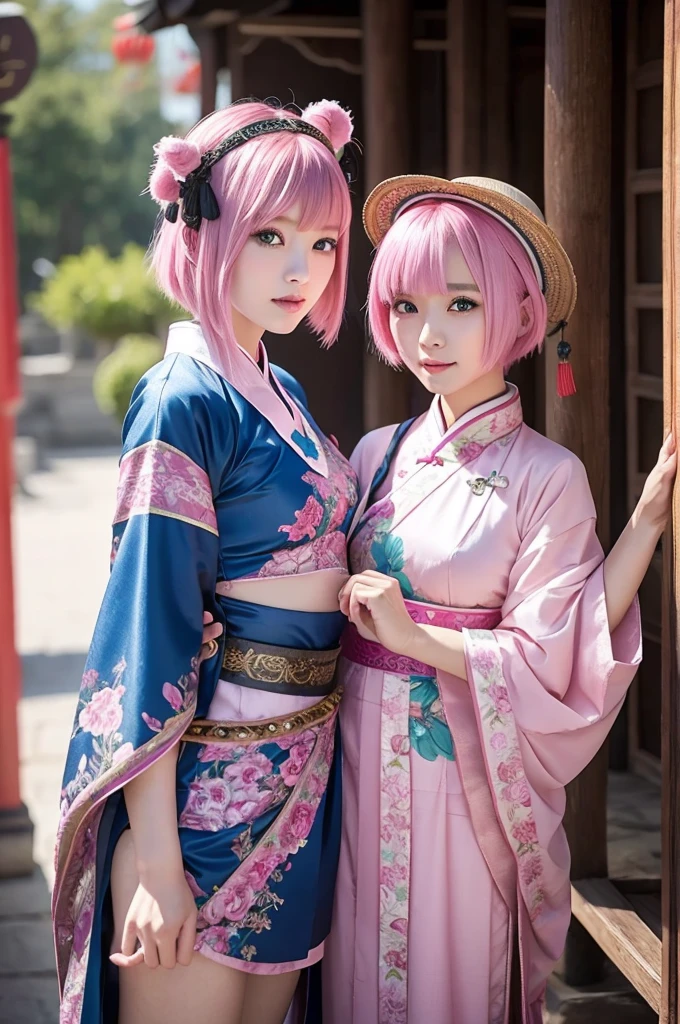 Ancient Chinese Costumes、slender、Petite Women、Pink Bob Hair、Blue Eyes、